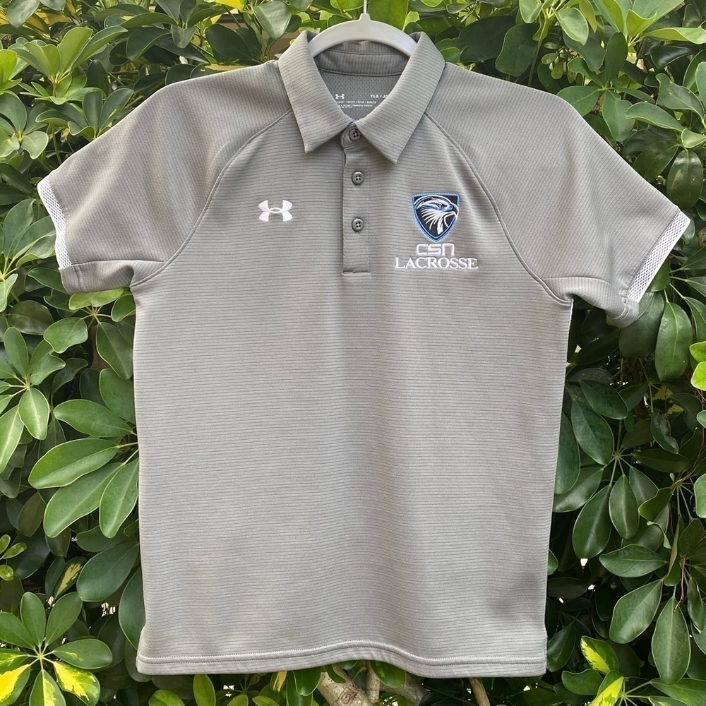 Under Armour Golf Polo boys’ large Grey w white patterned trimmed sleeves